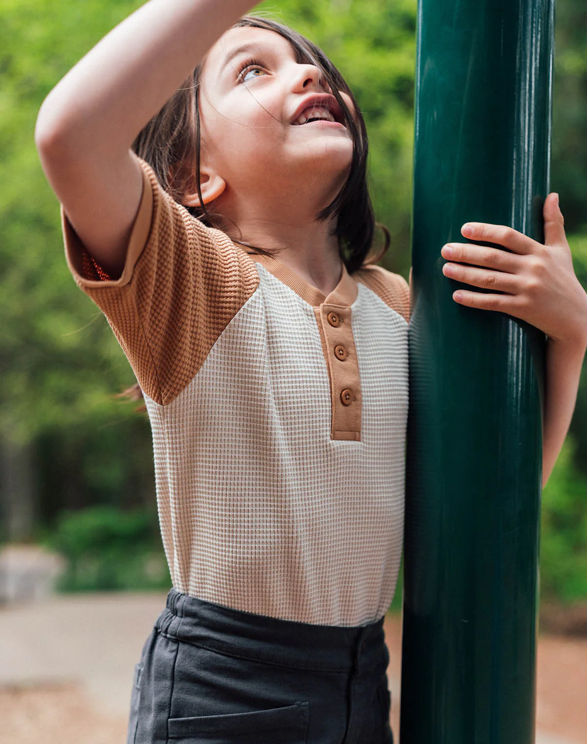 Kids Waffle Henley Tee in Oat and Peanut Butter - Image 3