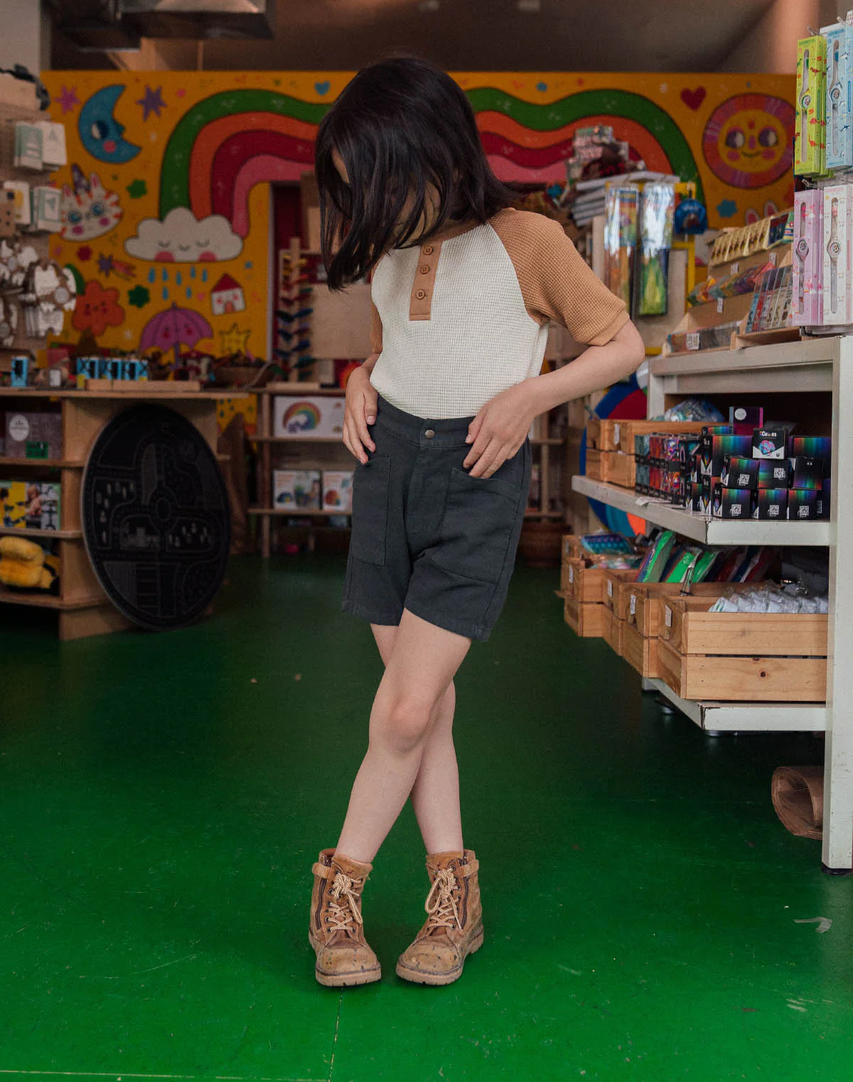 Kids Waffle Henley Tee in Oat and Peanut Butter - Image 4