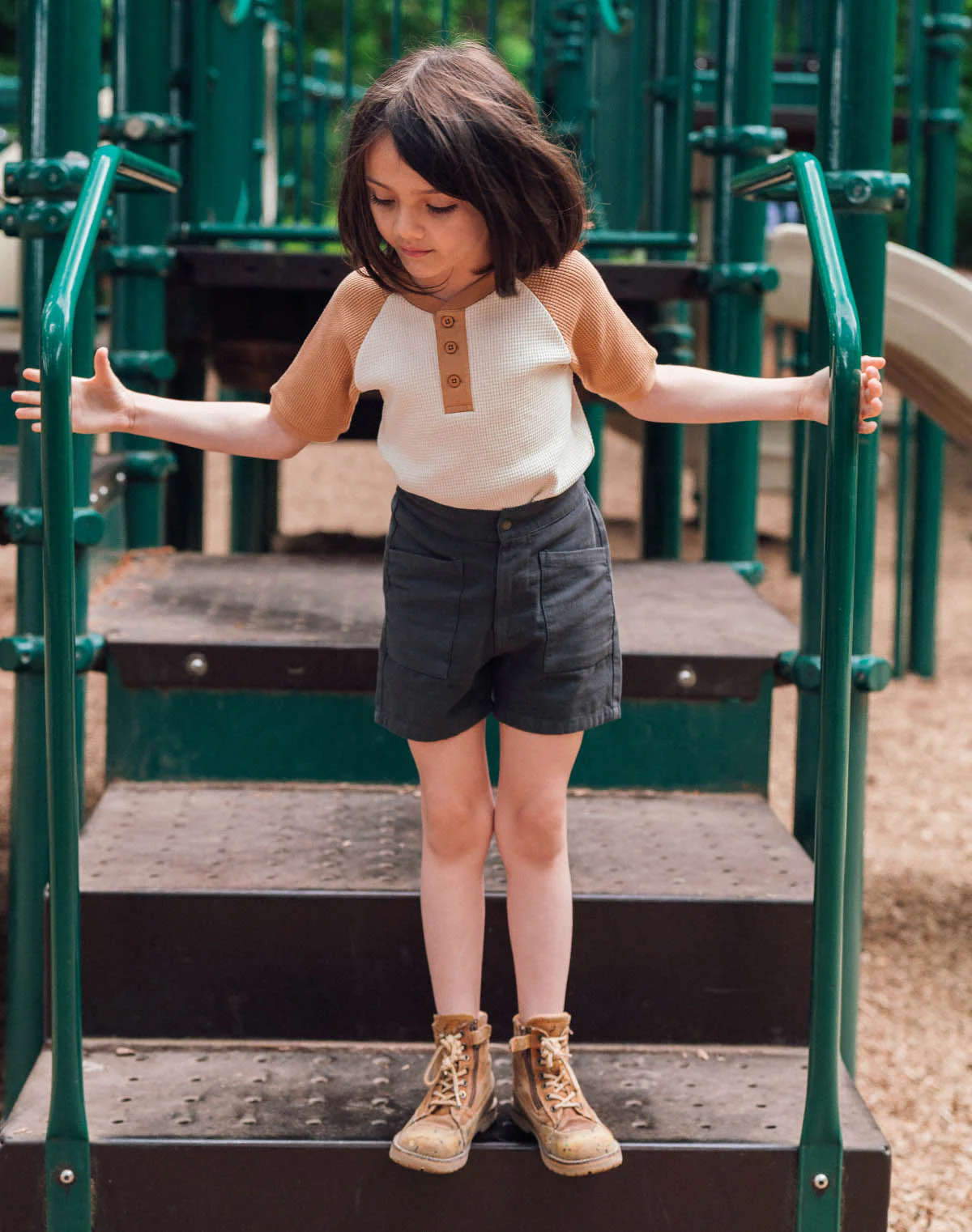 Kids Waffle Henley Tee in Oat and Peanut Butter - Image 5