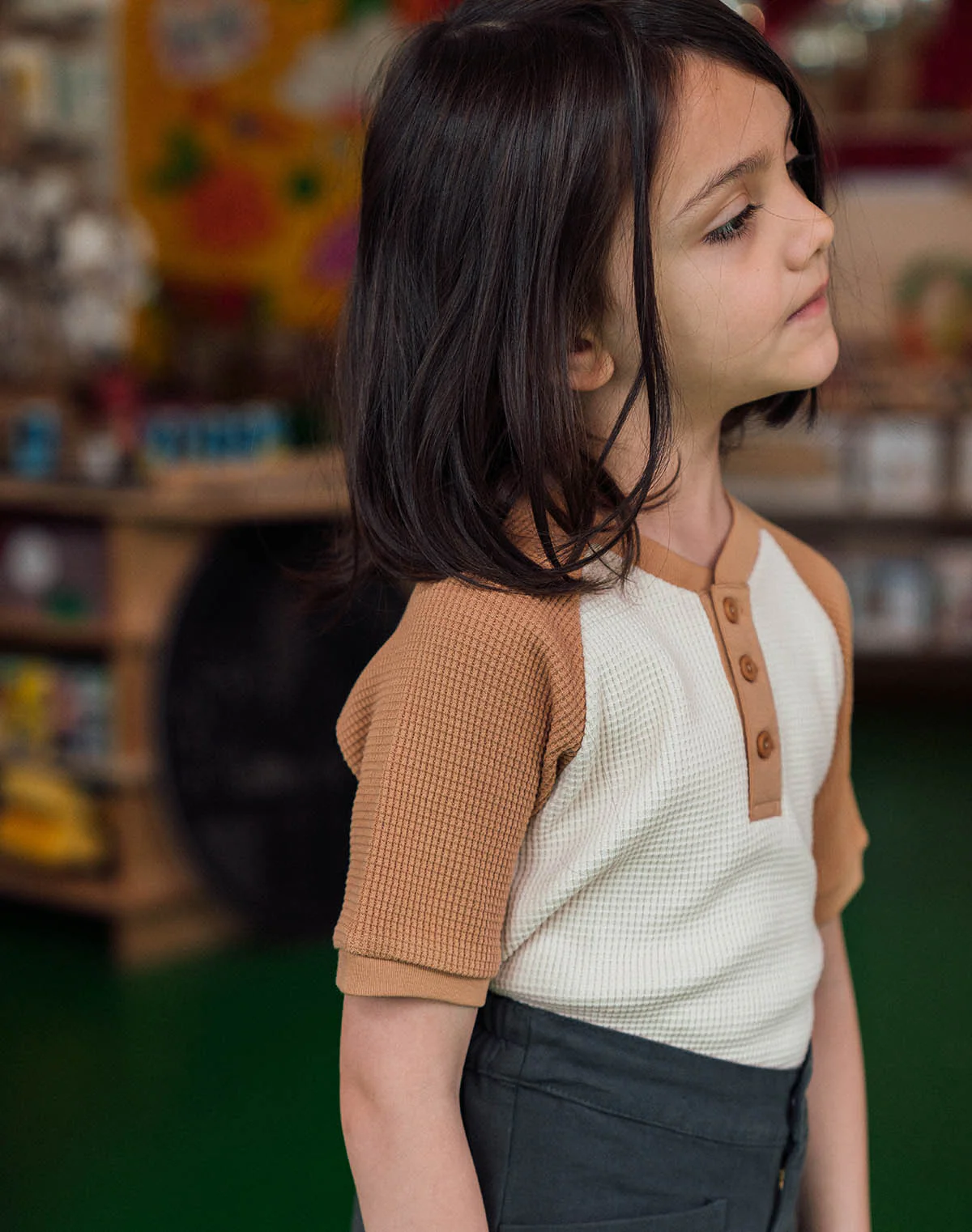 Kids Waffle Henley Tee in Oat and Peanut Butter - Image 6
